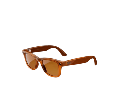 Ray-Ban Meta smart glasses brown translucent Wayfarer frames with amber lenses and logo