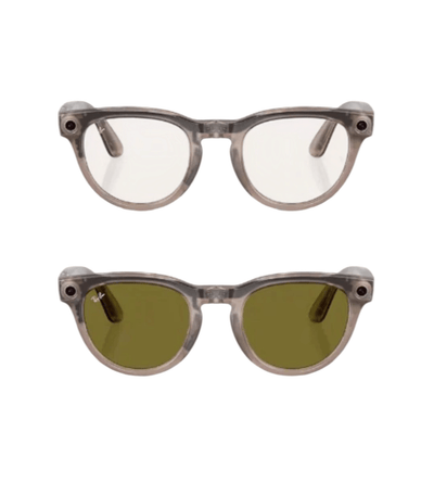 Ray-Ban Meta smart glasses. Two translucent gray frames shown with clear demo lenses and green sunglass lenses