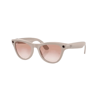 Beige frame Ray-Ban Meta smart glasses with pink gradient lenses and discreet camera sensors