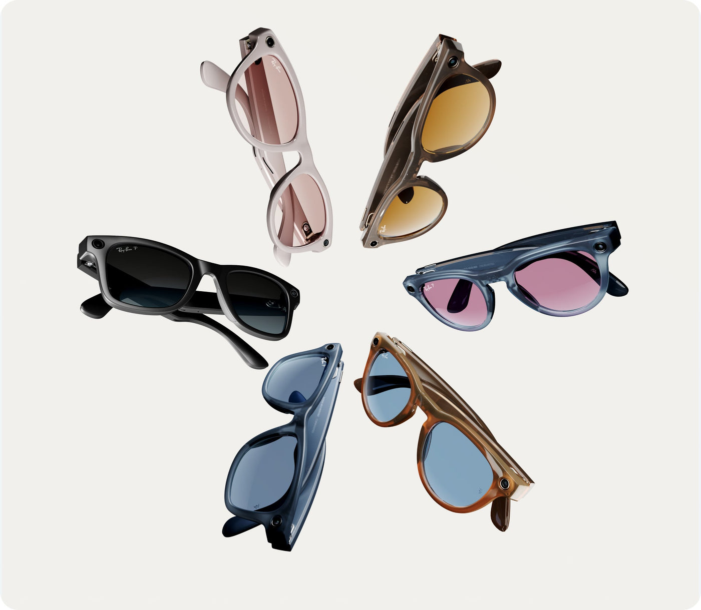 Cart Store display of six Ray-Ban Meta smart glasses in assorted frame and lens colors on white background