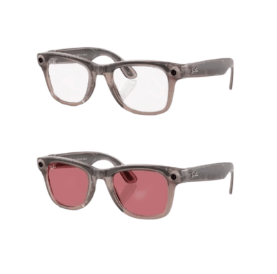 Ray-Ban Meta smart glasses gray transparent Wayfarer frames shown with clear lenses and red clip on lenses