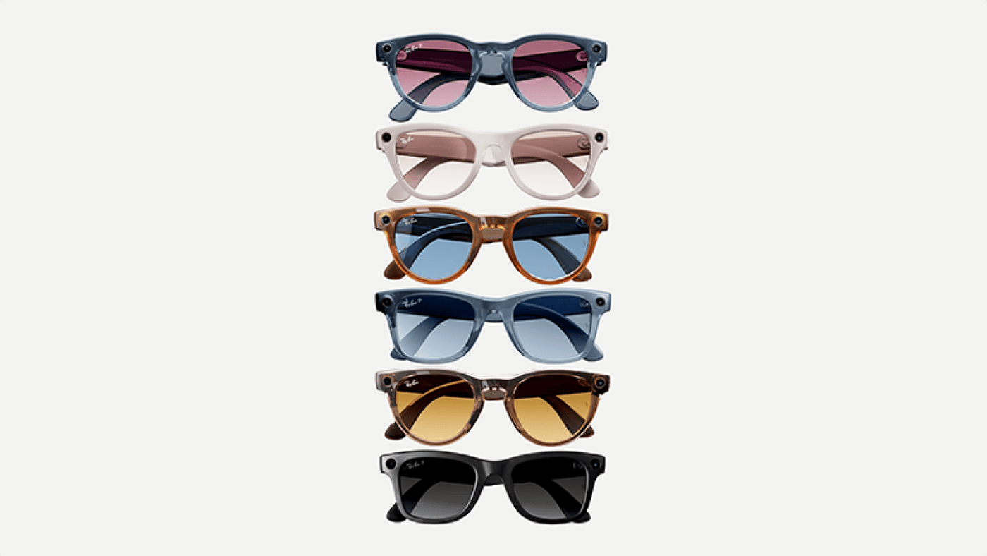 Ray-Ban Meta smart glasses six stacked pairs in assorted frame and lens colors showing style options