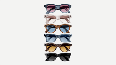 Ray-Ban Meta smart glasses six stacked pairs in assorted frame and lens colors showing style options